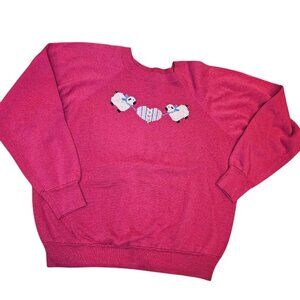 Vintage 80s Womens Pink‎ Crewneck Sweatshirt Thin Needlepoint Sheep Cottage Core